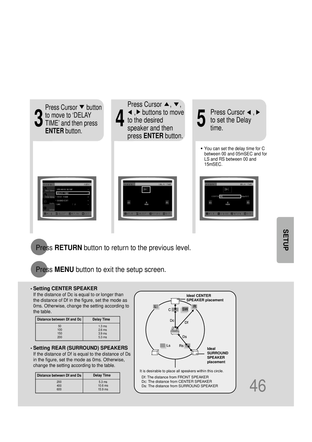 Samsung HTDB390RH/ELS manual 3to move to ‘DELAY TIME’ and then press Enter button, Press Cursor , 5 totime.set the Delay 