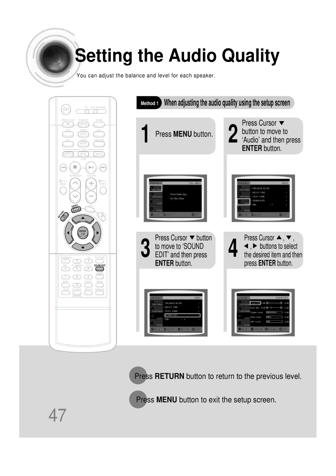 Samsung HTDB390RH/ELS manual Setting the Audio Quality, Enter button Press Cursor button 