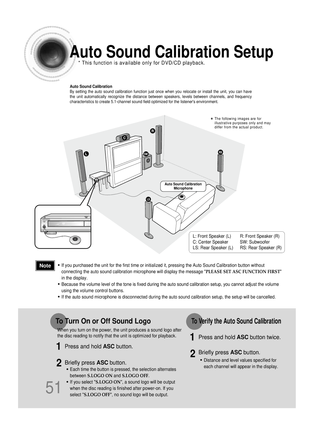 Samsung HTDB390RH/ELS manual To Turn On or Off Sound Logo, Press and hold ASC button Briefly press ASC button 