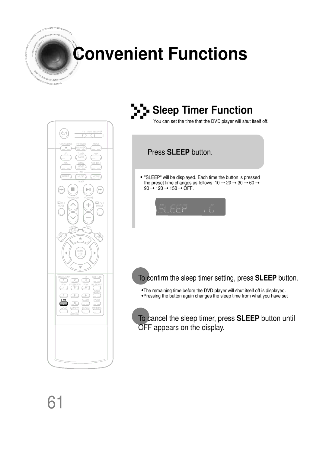 Samsung HTDB390RH/ELS Convenient Functions, Press Sleep button, To confirm the sleep timer setting, press Sleep button 