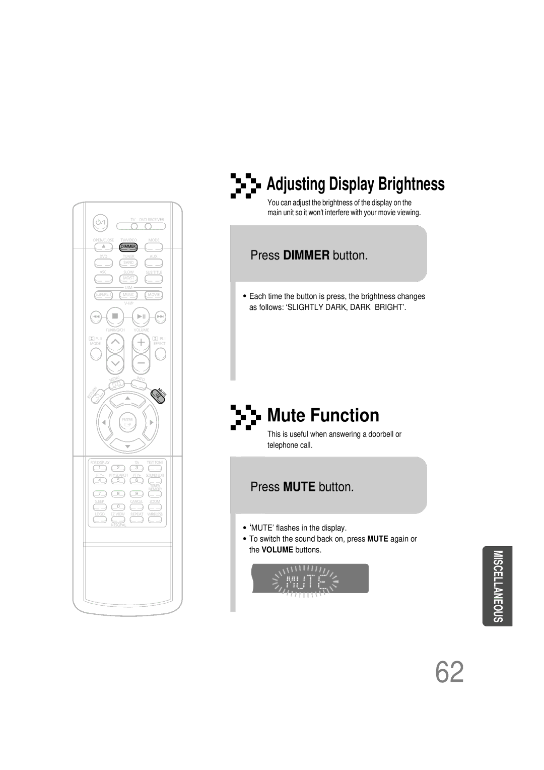 Samsung HTDB390RH/ELS manual Press Dimmer button, Press Mute button 