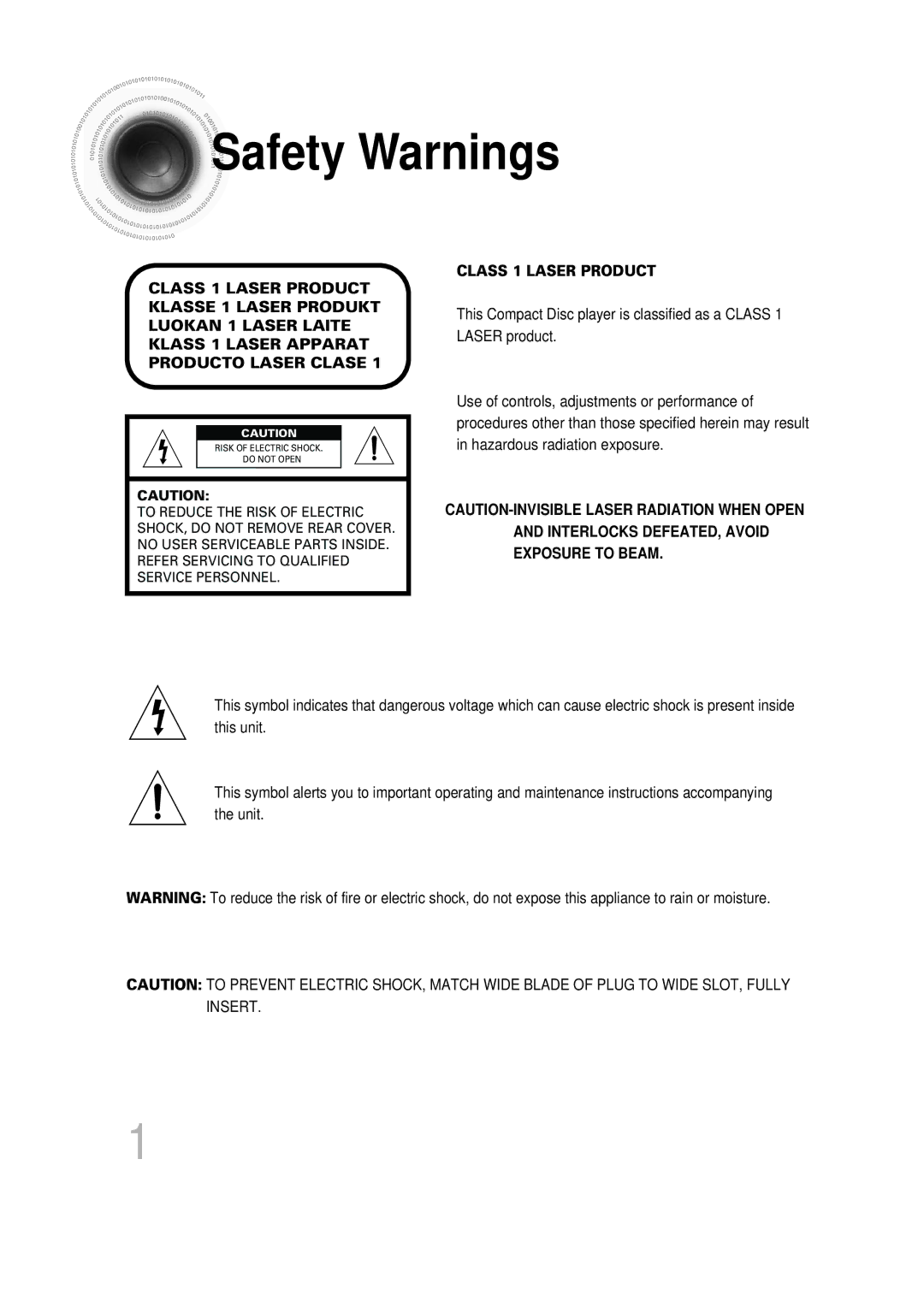 Samsung HTDB750RH/EDC, HTDB750RH/ELS manual Safety Warnings, Class 1 Laser Product 