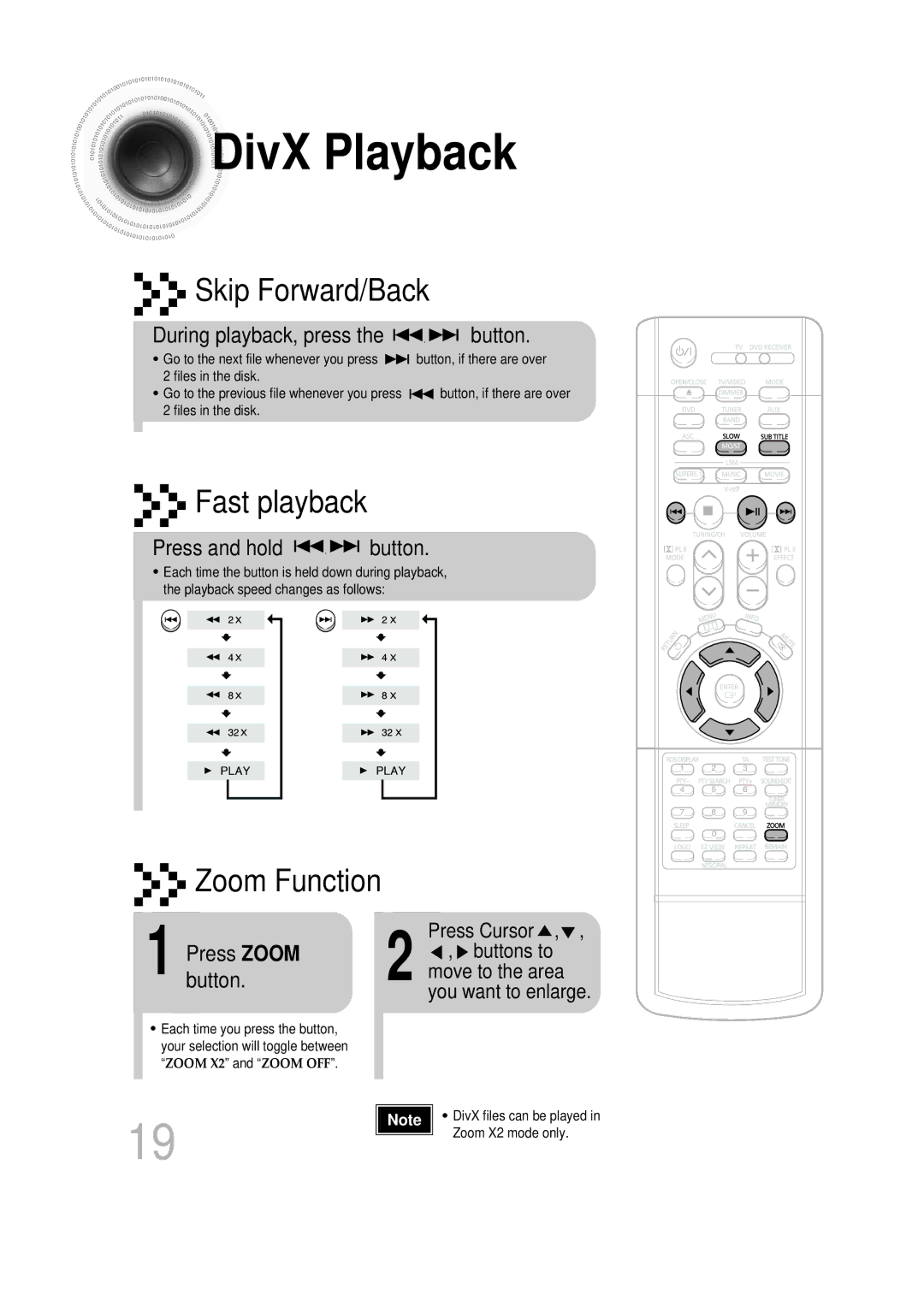 Samsung HTDB750RH/EDC manual DivX Playback, During playback, press the button, Press and hold button, Press Zoom button 