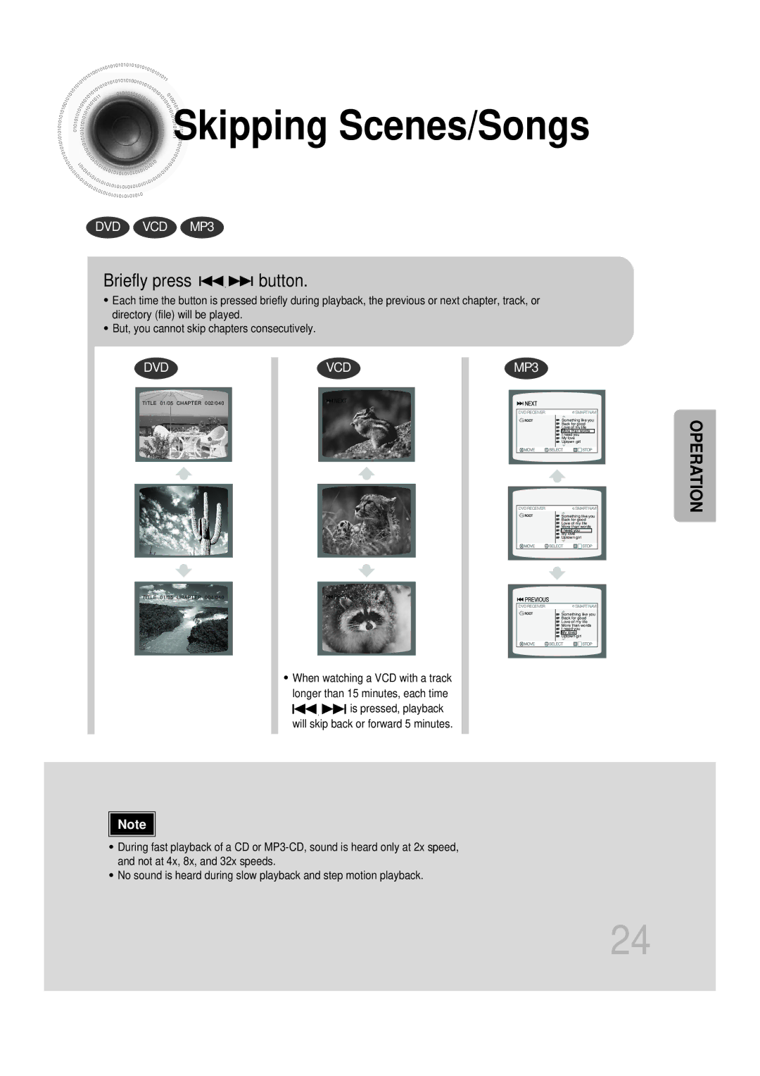 Samsung HTDB750RH/ELS, HTDB750RH/EDC manual Skipping Scenes/Songs, Briefly press button 