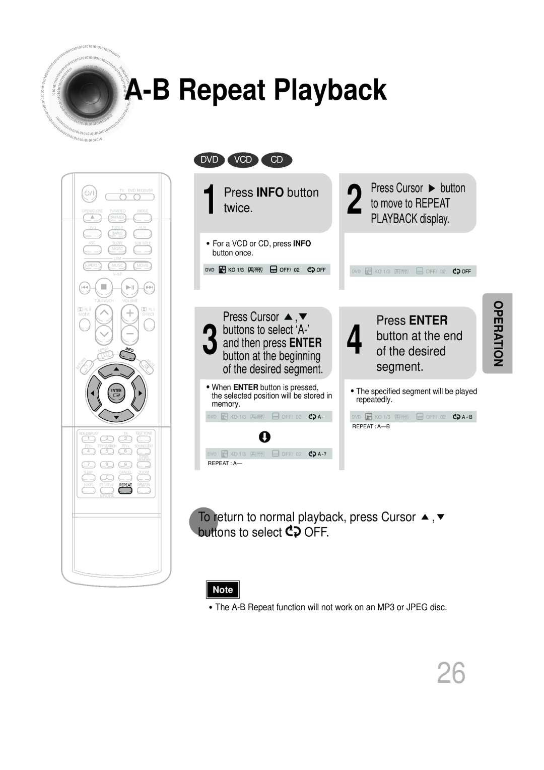 Samsung HTDB750RH/ELS, HTDB750RH/EDC manual Press Info button twice, Press Enter, Button at the end of the desired segment 