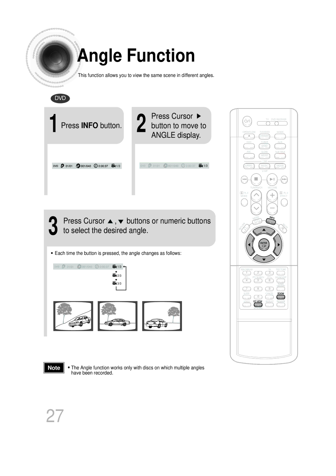 Samsung HTDB750RH/EDC, HTDB750RH/ELS manual Angle Function, Press Cursor, 1Press Info button button to move to Angle display 