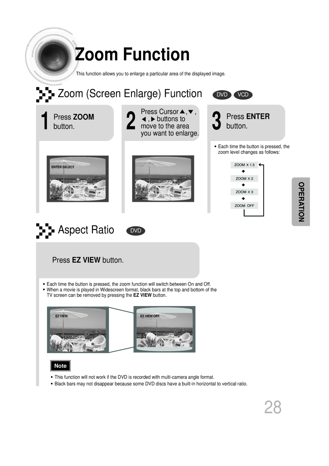 Samsung HTDB750RH/ELS, HTDB750RH/EDC manual Zoom Function, Press Zoom, Button, Press EZ View button 