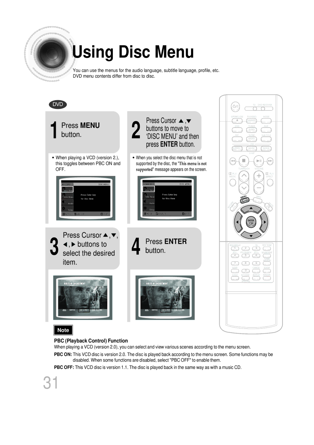 Samsung HTDB750RH/EDC manual Using Disc Menu, Press Cursor Buttons to Press Enter, Press Menu button, Select the desired 