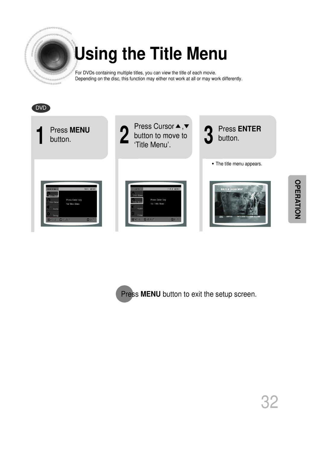 Samsung HTDB750RH/ELS, HTDB750RH/EDC manual Using the Title Menu, Press Menu, Button to move to, Button ‘Title Menu’ 