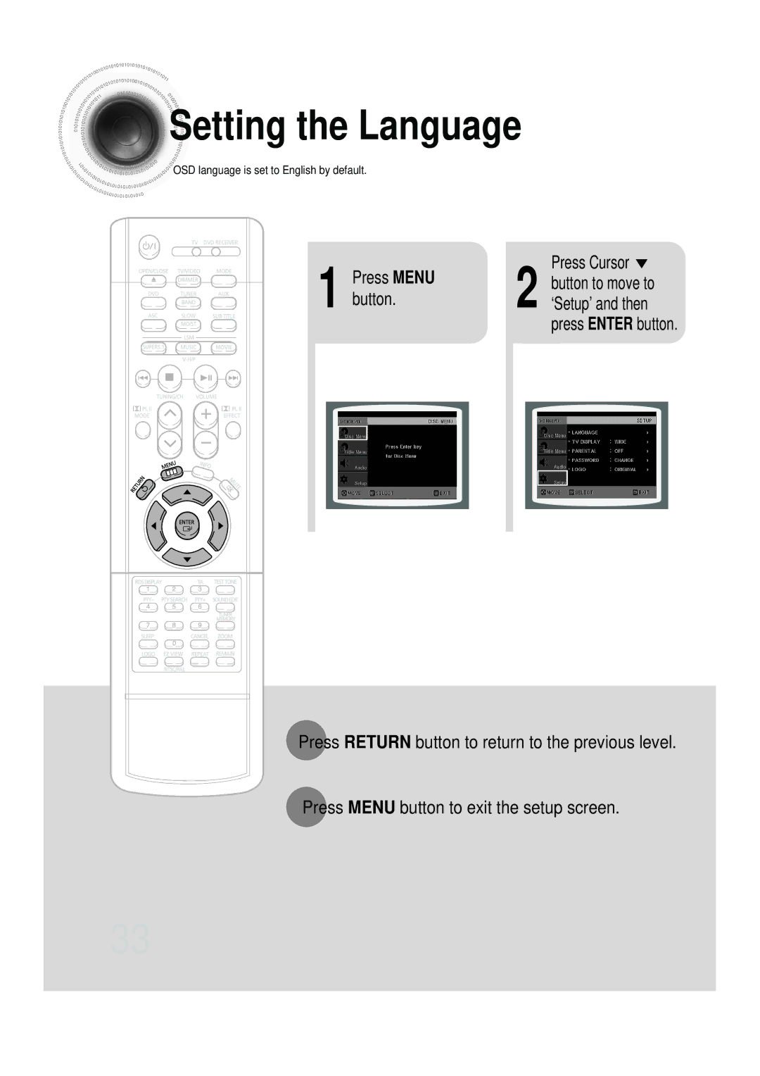 Samsung HTDB750RH/EDC, HTDB750RH/ELS manual Setting the Language, Press Enter button, ‘Setup’ and then, Button to move to 