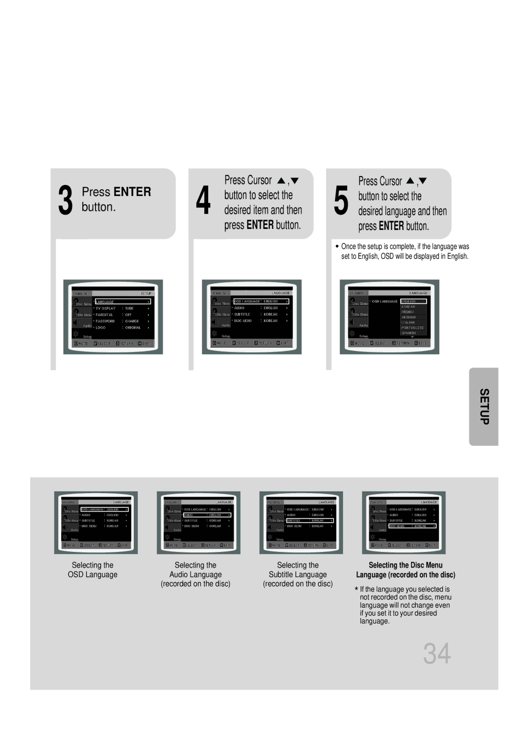 Samsung HTDB750RH/ELS, HTDB750RH/EDC manual Press Enter Press Cursor, Button to select, Press Enter button 