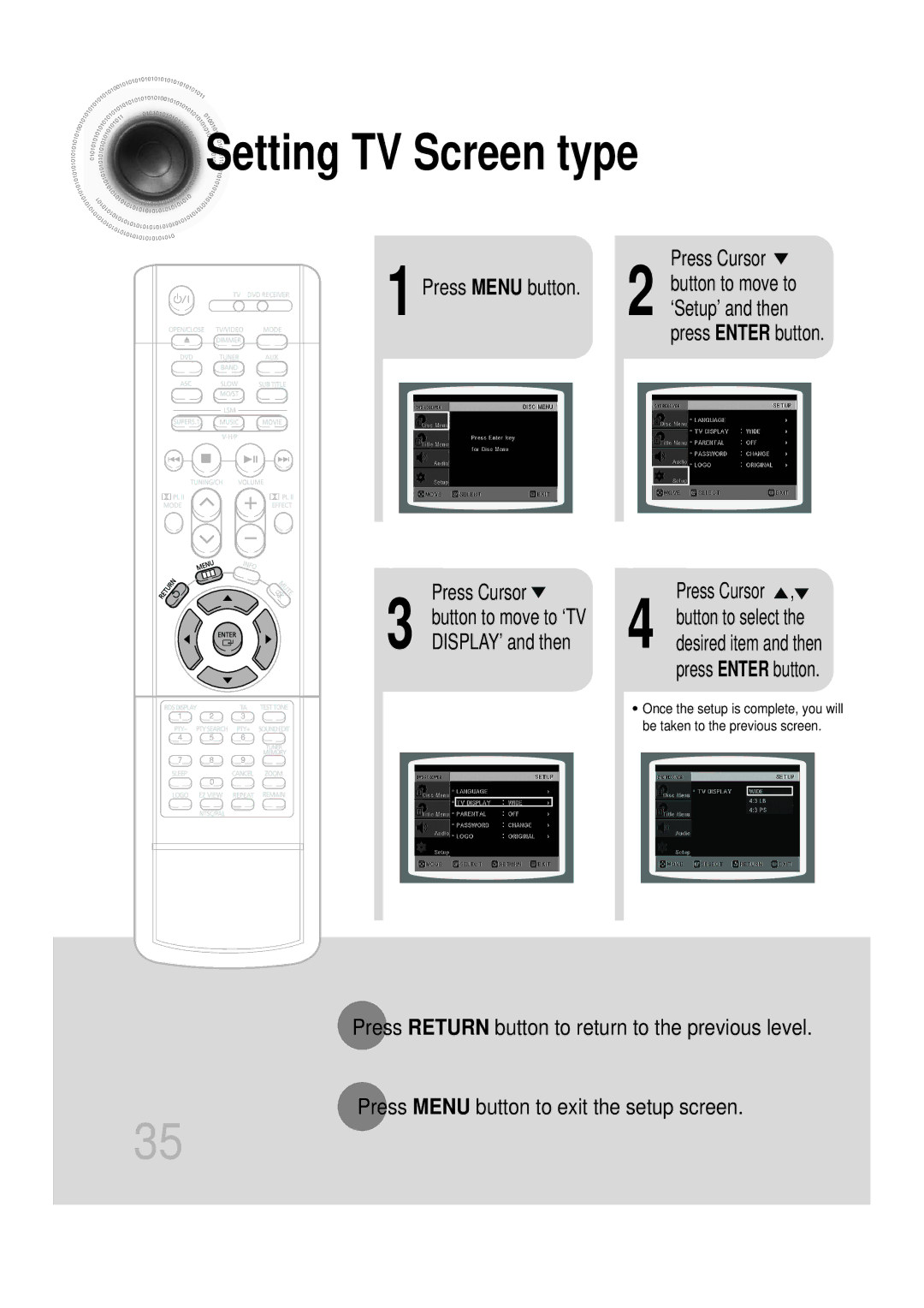 Samsung HTDB750RH/EDC manual Setting TV Screen type, DISPLAY’ and then, Press Cursor 2 button to move to ‘Setup’ and then 