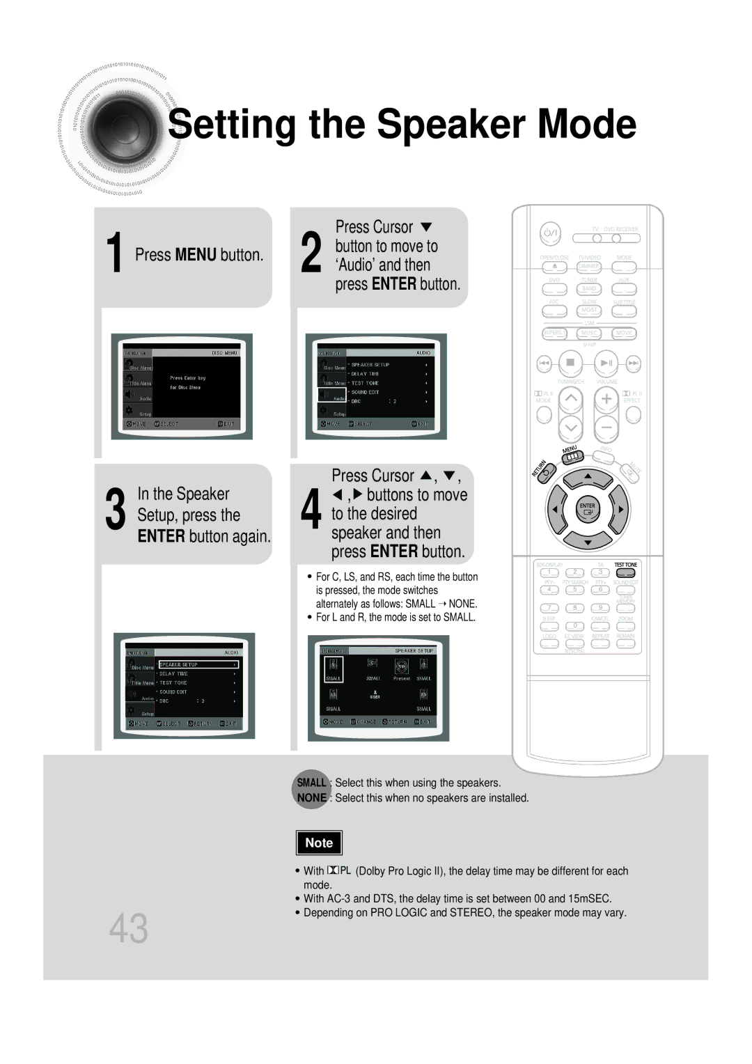 Samsung HTDB750RH/EDC manual Setting the Speaker Mode, Press Enter button Press Cursor, Speaker and then press Enter button 