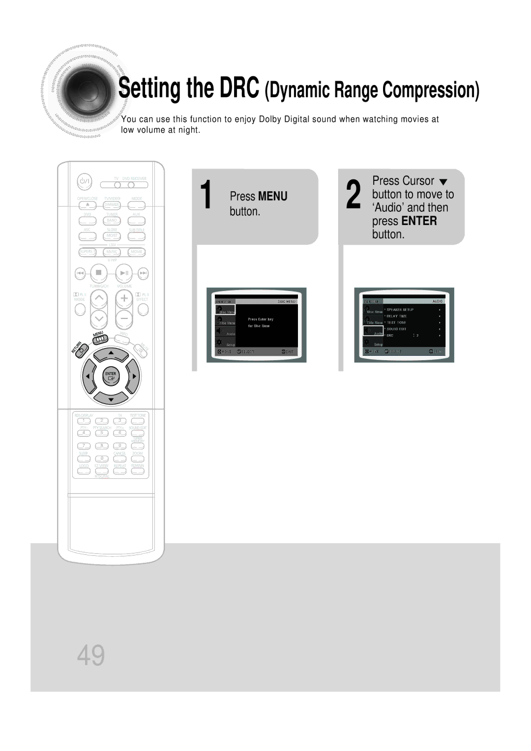 Samsung HTDB750RH/EDC, HTDB750RH/ELS manual Setting the DRC Dynamic Range Compression, ‘Audio’ and then 