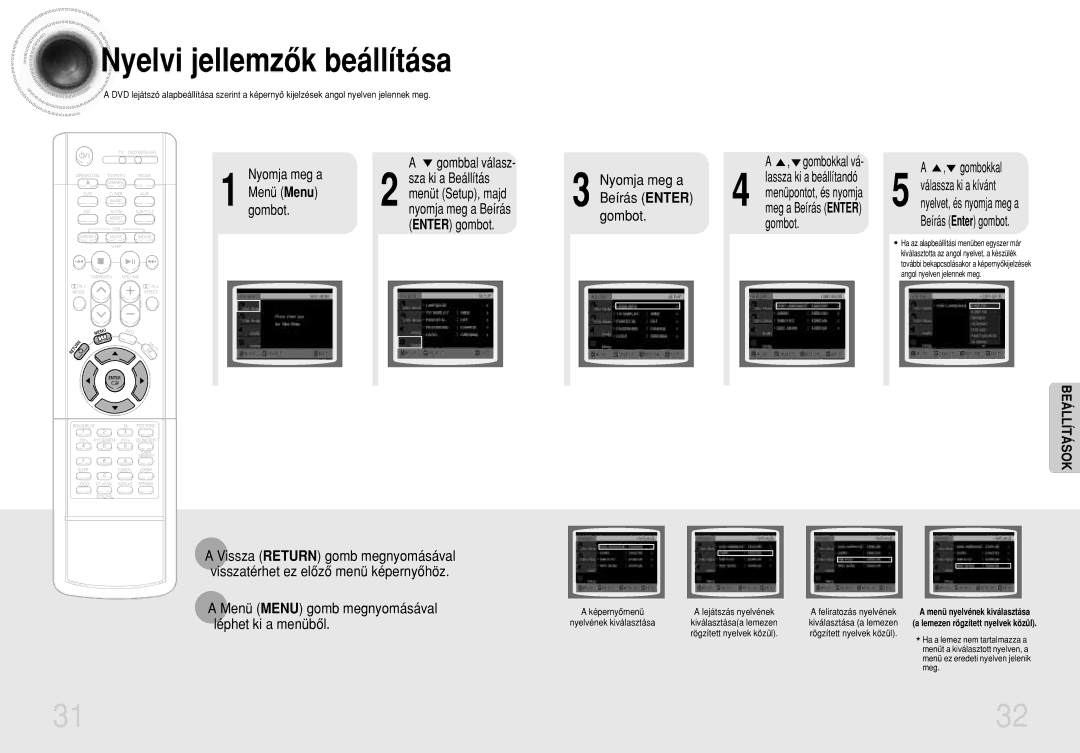 Samsung HTDB750RH/ELS manual Nyelvi jellemzôk beállítása, Gombokkal vá, Menü Menu gomb megnyomásával léphet ki a menübôl 