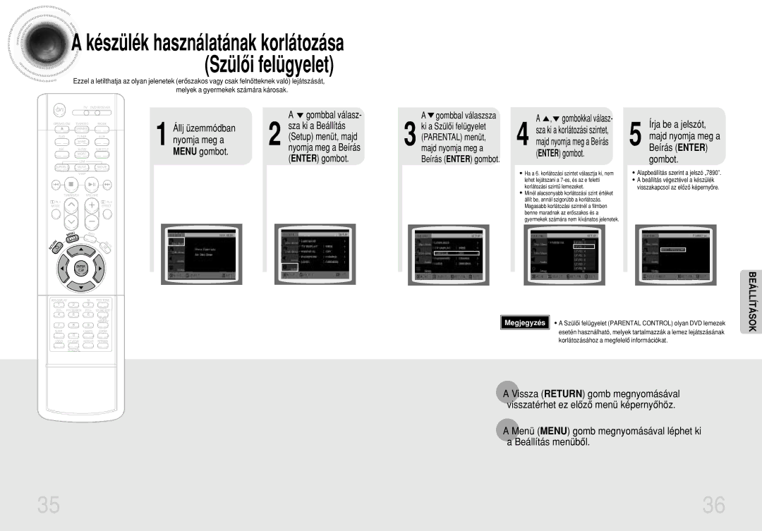 Samsung HTDB750RH/ELS, HTDB750RH/EDC manual Menü Menu gomb megnyomásával léphet ki a Beállítás menübôl, Gombbal válaszsza 