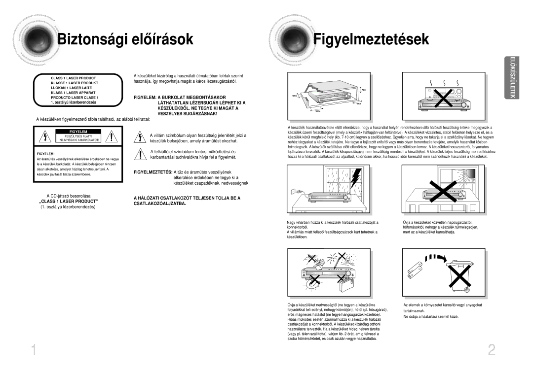 Samsung HTDB750RH/EDC, HTDB750RH/ELS manual Biztonsági elôírások Figyelmeztetések, Osztályú lézerberendezés 