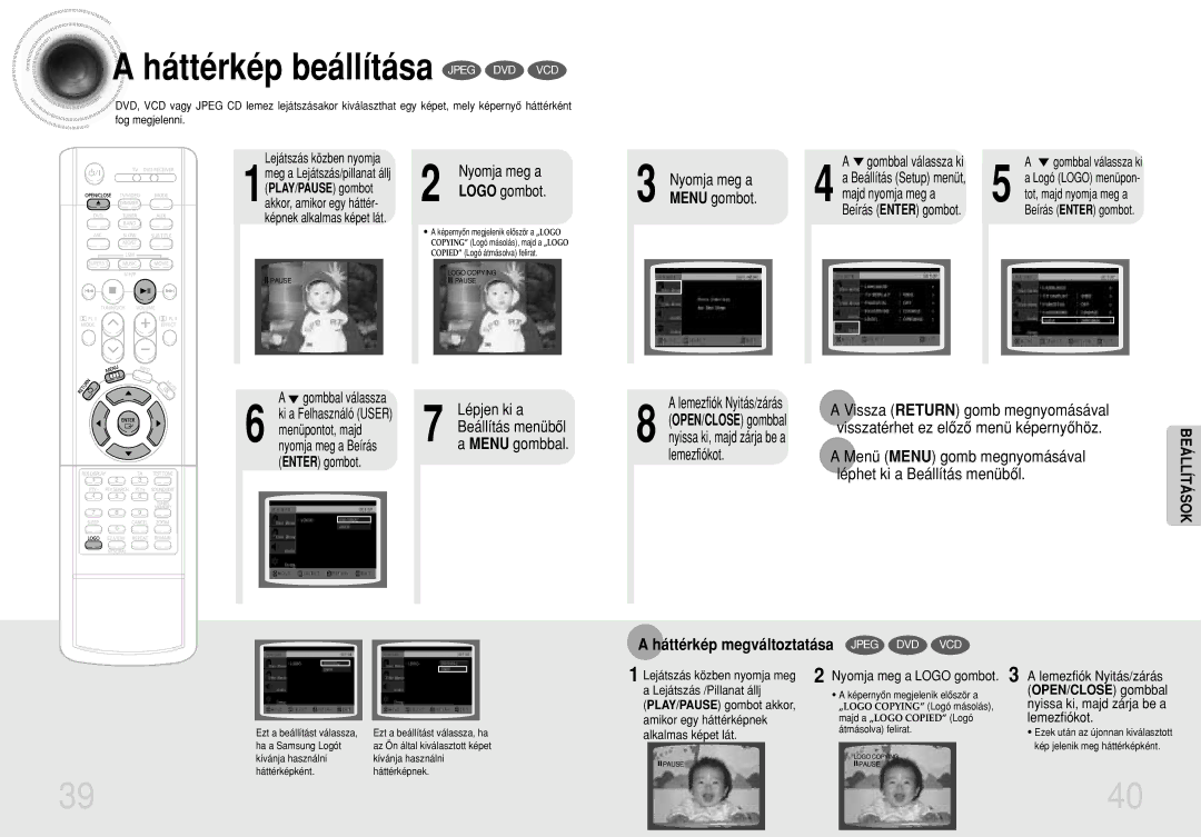 Samsung HTDB750RH/ELS manual Háttérkép beállítása Jpeg DVD VCD, Háttérkép megváltoztatása Jpeg DVD VCD, Gombbal válassza 