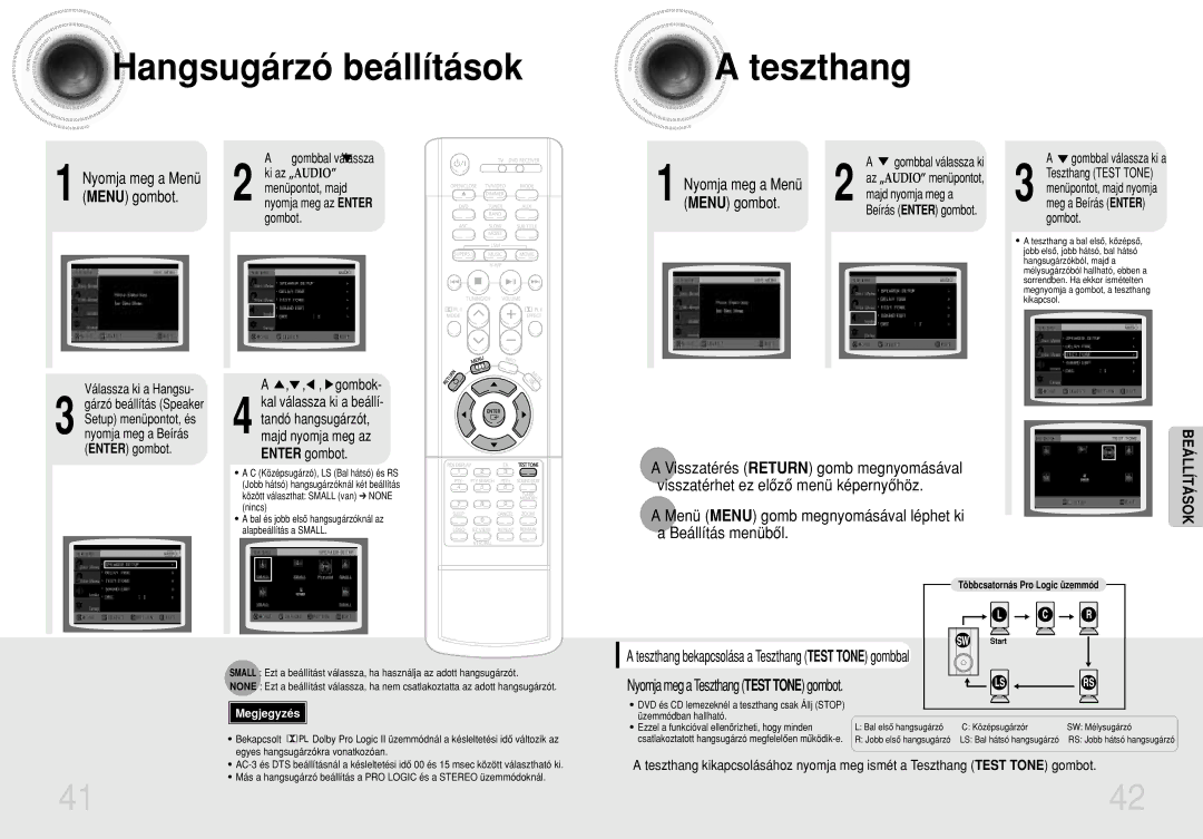 Samsung HTDB750RH/EDC, HTDB750RH/ELS manual Hangsugárzó beállítások Teszthang, Visszatérés Return gomb megnyomásával 