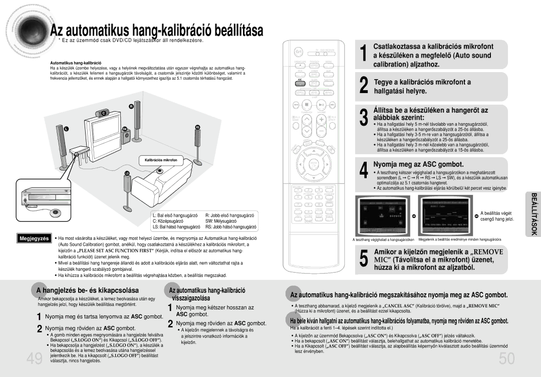 Samsung HTDB750RH/EDC manual Nyomja meg az ASC gombot, Hangjelzés be- és kikapcsolása, Nyomja meg röviden az ASC gombot 