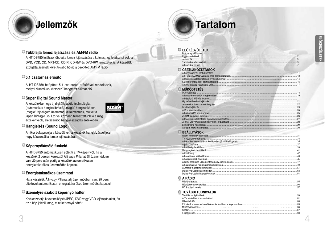 Samsung HTDB750RH/ELS, HTDB750RH/EDC manual Jellemzôk, Tartalom 