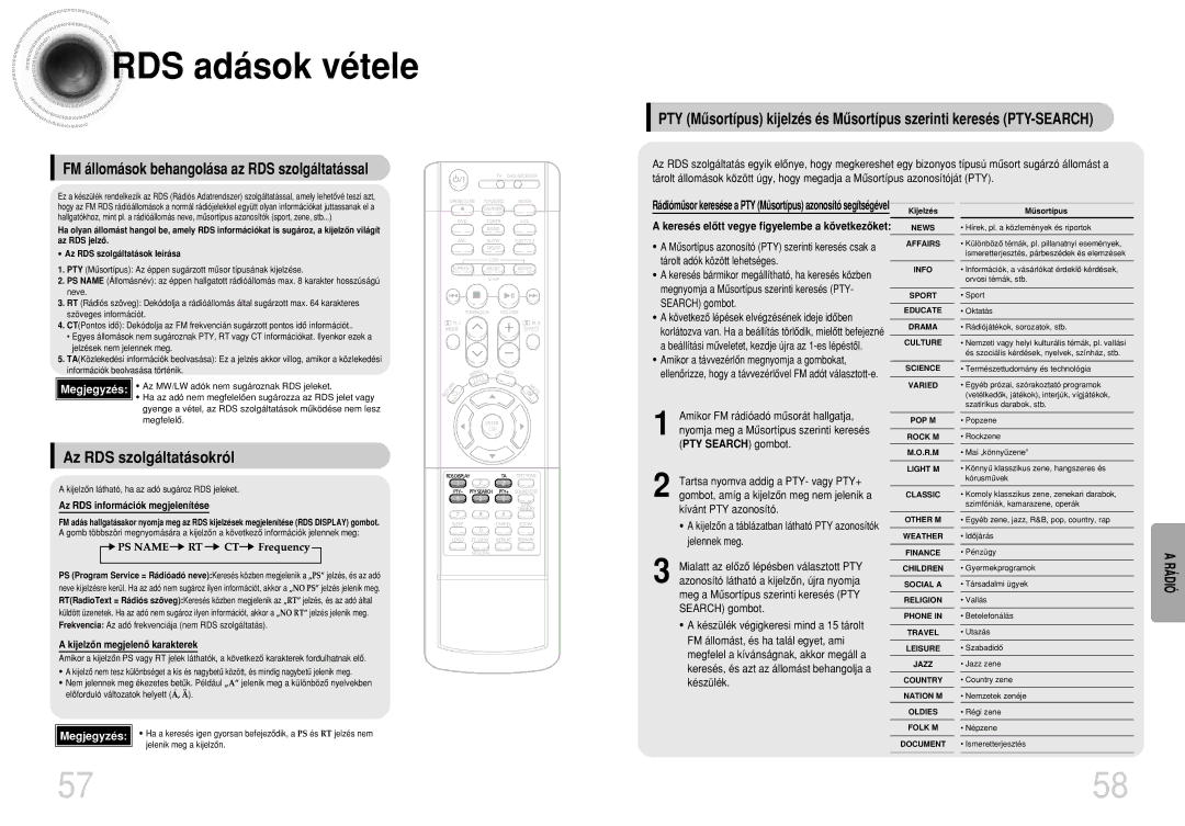 Samsung HTDB750RH/EDC manual RDS adások vétele, FM állomások behangolása az RDS szolgáltatással, Az RDS szolgáltatásokról 