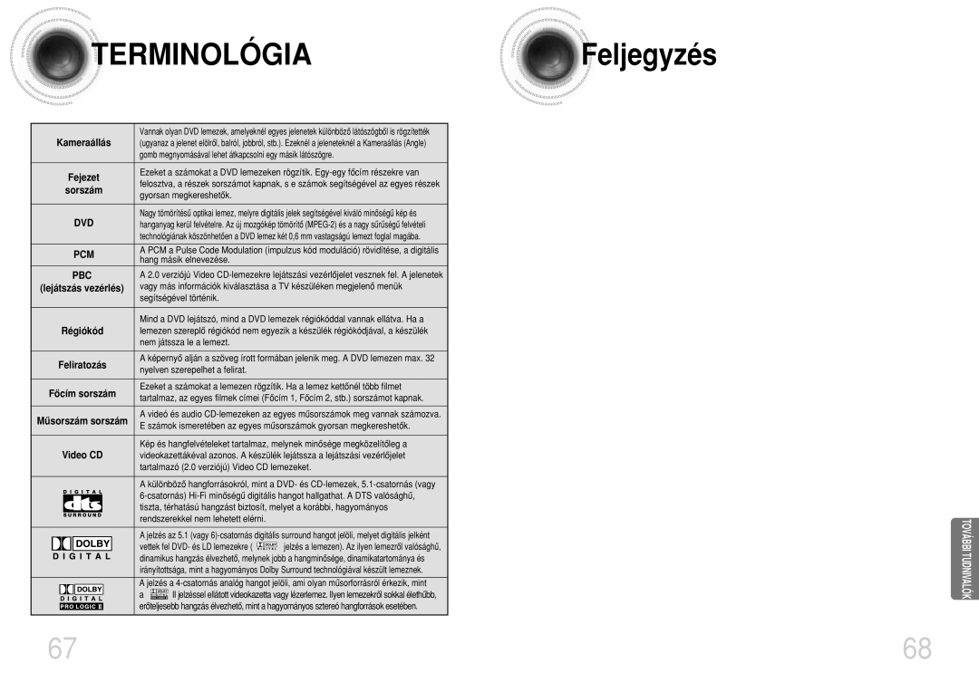 Samsung HTDB750RH/ELS, HTDB750RH/EDC manual Terminológia Feljegyzés, Kameraállás, Fejezet, Régiókód, Video CD 