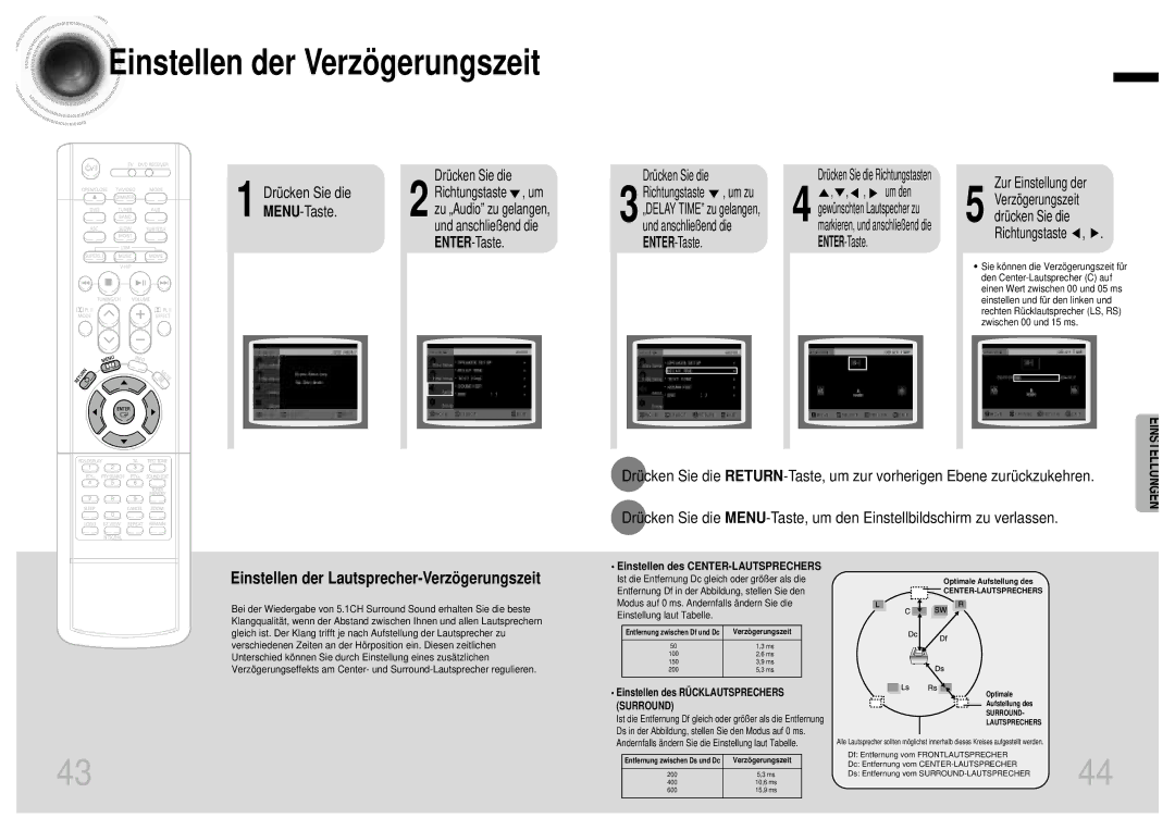 Samsung HTDB750RH/EDC manual Einstellen der Verzögerungszeit, Einstellen des CENTER-LAUTSPRECHERS 