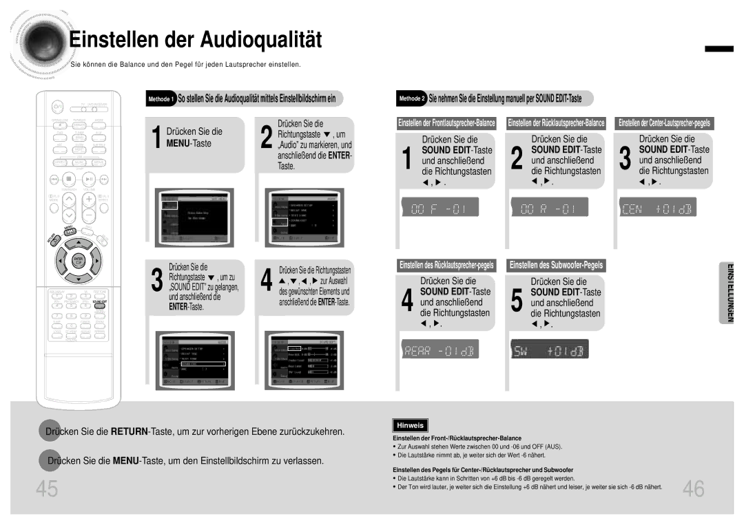 Samsung HTDB750RH/EDC manual Drücken Sie die Sound EDIT-Taste, Sound EDIT-Taste und anschließ end die Richtungstasten 