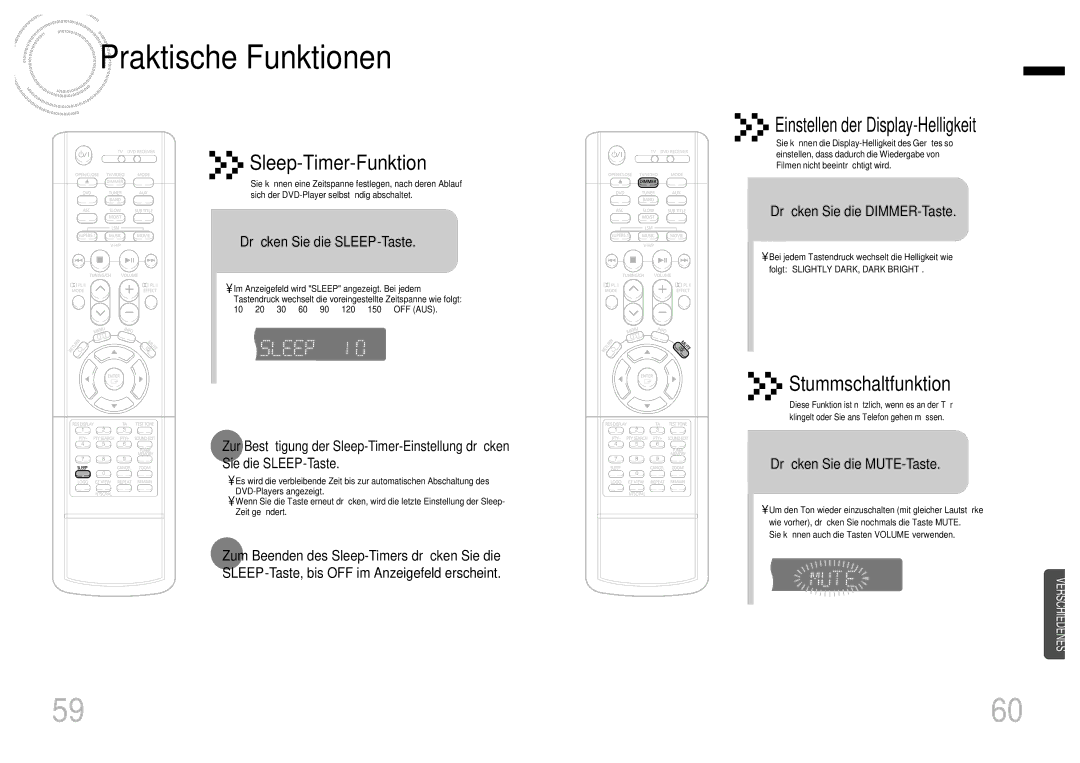 Samsung HTDB750RH/EDC Praktische Funktionen, Sleep-Timer-Funktion, Drücken Sie die SLEEP-Taste, Drücken Sie die MUTE-Taste 