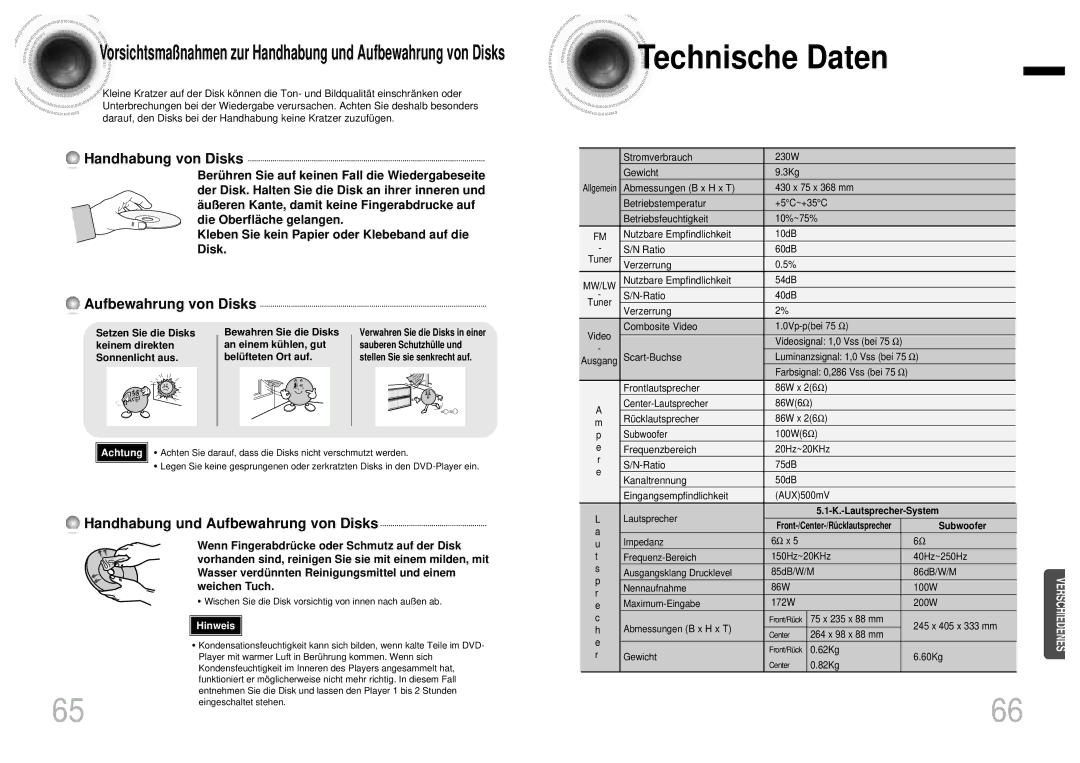 Samsung HTDB750RH/EDC manual Technische Daten, Kleben Sie kein Papier oder Klebeband auf die Disk, Bewahren Sie die Disks 