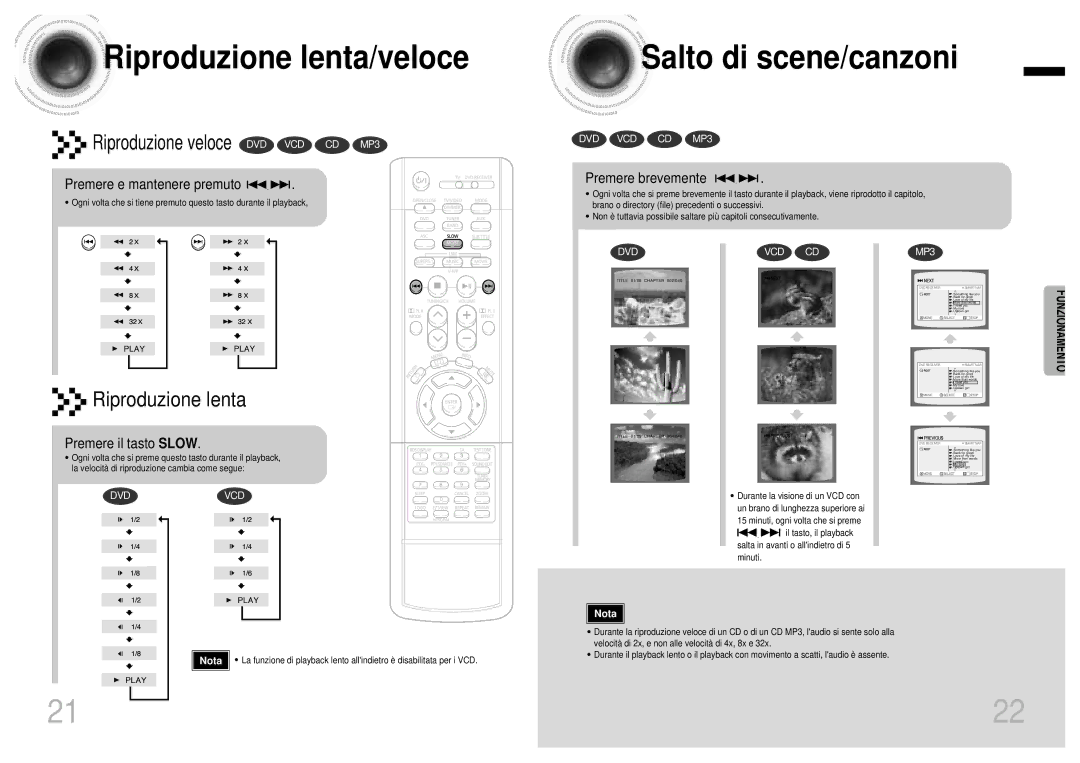 Samsung HTDB750RH/EDC Riproduzione lenta/veloce, Salto di scene/canzoni, Premere e mantenere premuto, Premere brevemente 