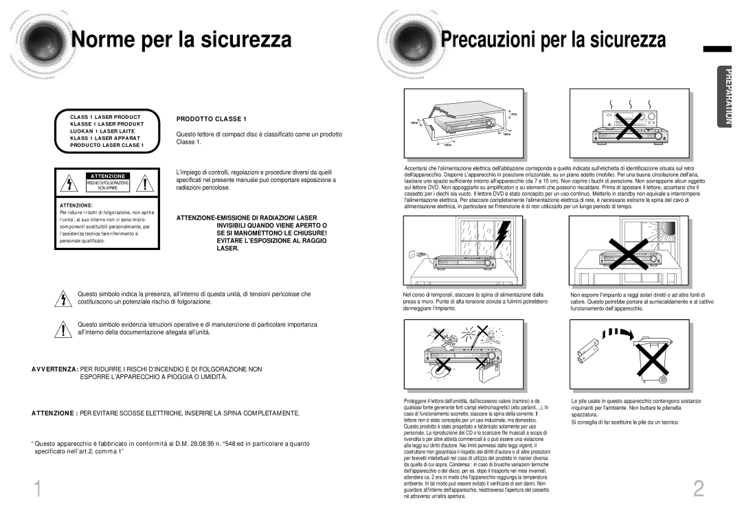 Samsung HTDB750RH/EDC manual Norme per la sicurezza, Precauzioni per la sicurezza 