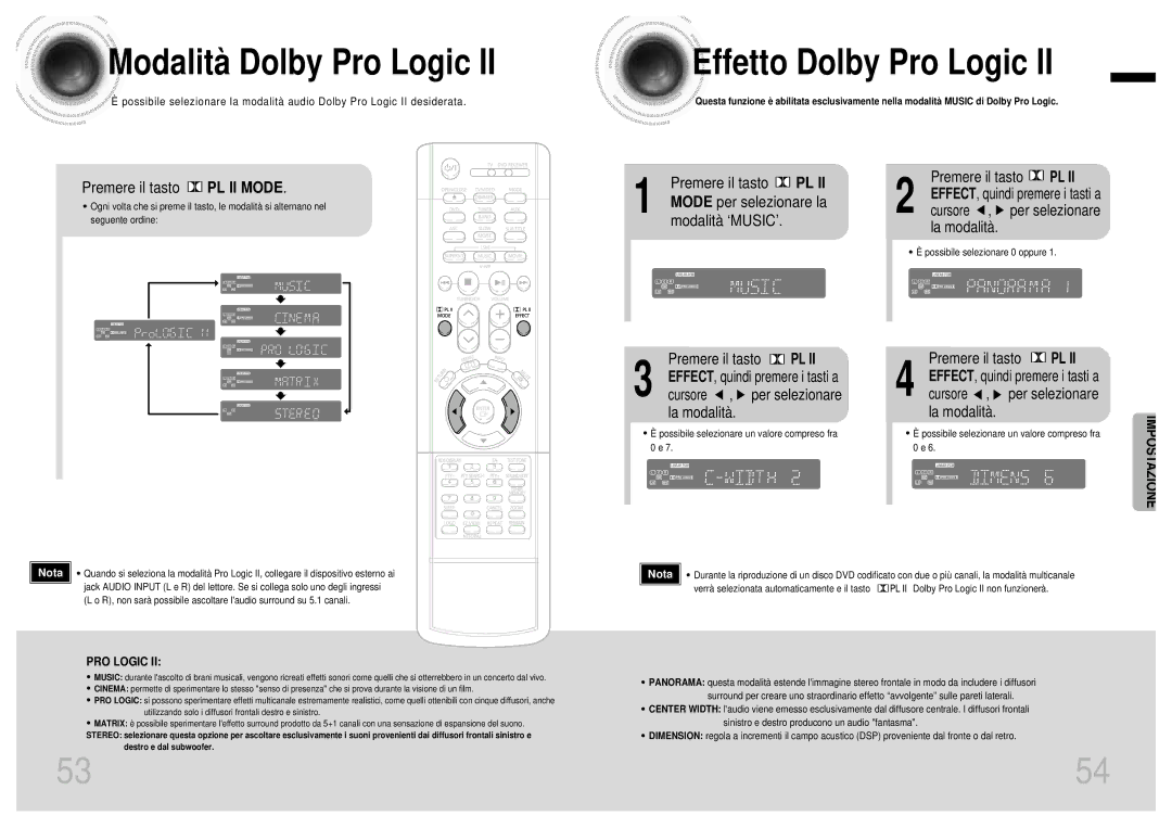 Samsung HTDB750RH/EDC manual Modalità Dolby Pro Logic, Effetto Dolby Pro Logic, Premere il tasto, Cursore , per selezionare 