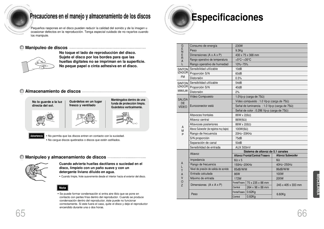 Samsung HTDB750RH/EDC Especificaciones, No lo guarde a la luz Guá rdelos en un lugar, Directa del sol Fresco y ventilado 