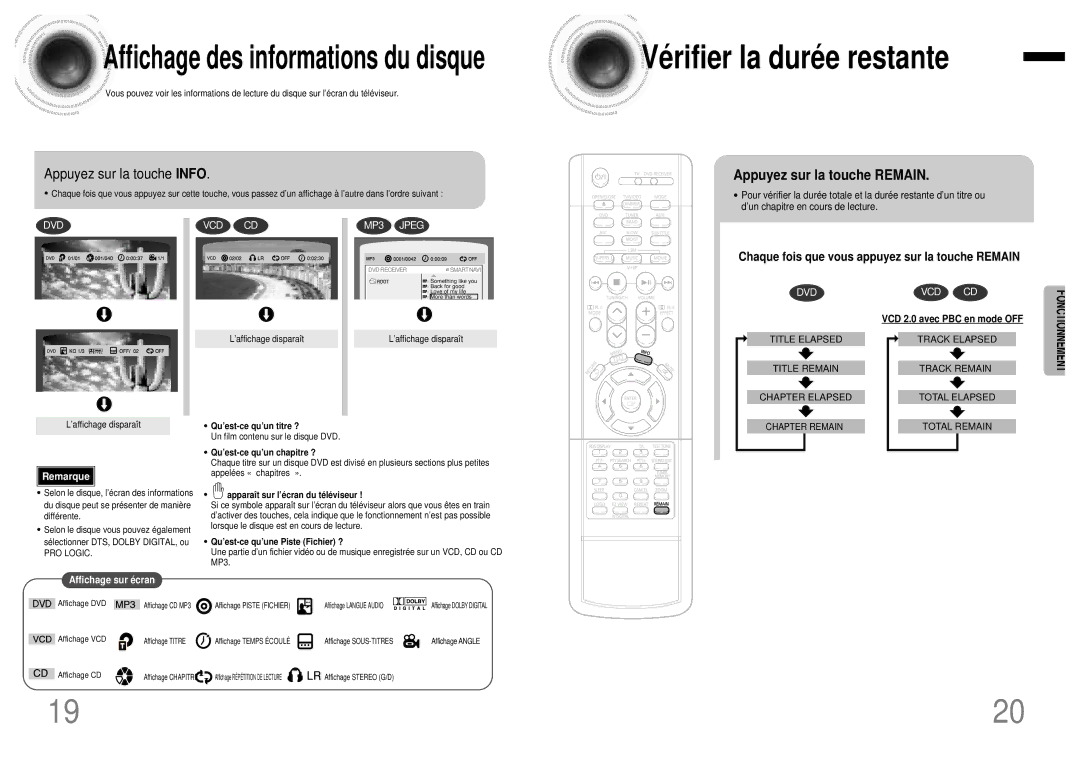 Samsung HTDB750RH/ELS manual Appuyez sur la touche Info, Appuyez sur la touche Remain, VCD 2.0 avec PBC en mode OFF 