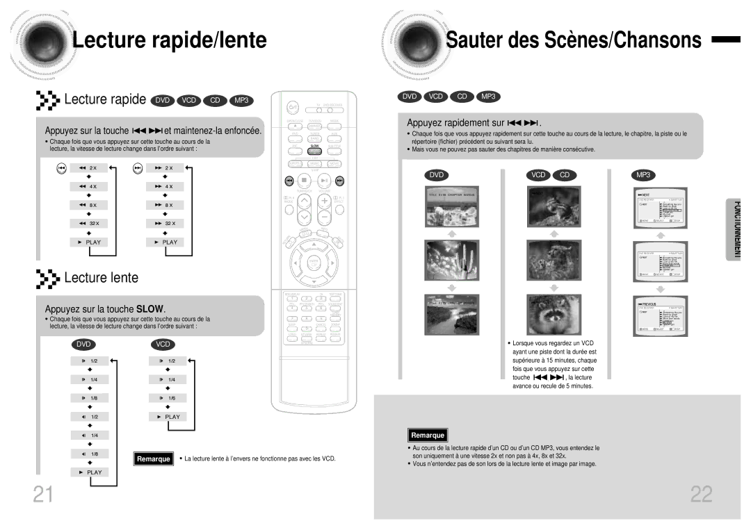 Samsung HTDB750RH/ELS manual Lecture rapide/lente, Appuyez sur la touche et maintenez-la enfoncée, Appuyez rapidement sur 