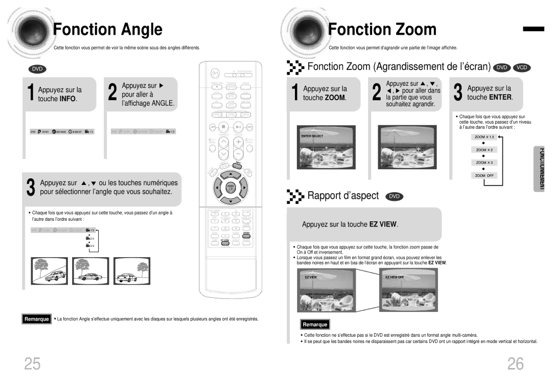 Samsung HTDB750RH/ELS manual Fonction Angle, Fonction Zoom, Appuyez sur la Pour aller à, Appuyez sur la touche Enter 