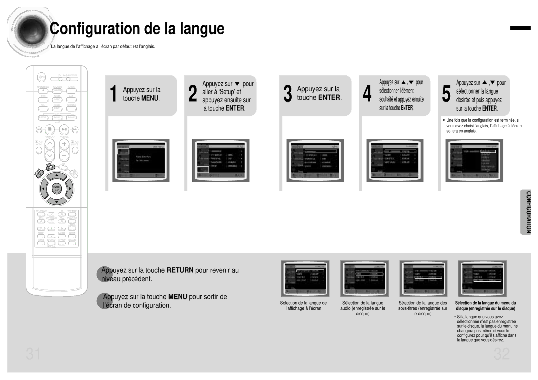 Samsung HTDB750RH/ELS Configuration de la langue, Touche Menu, Aller à ‘Setup’ et, Appuyez ensuite sur, La touche Enter 