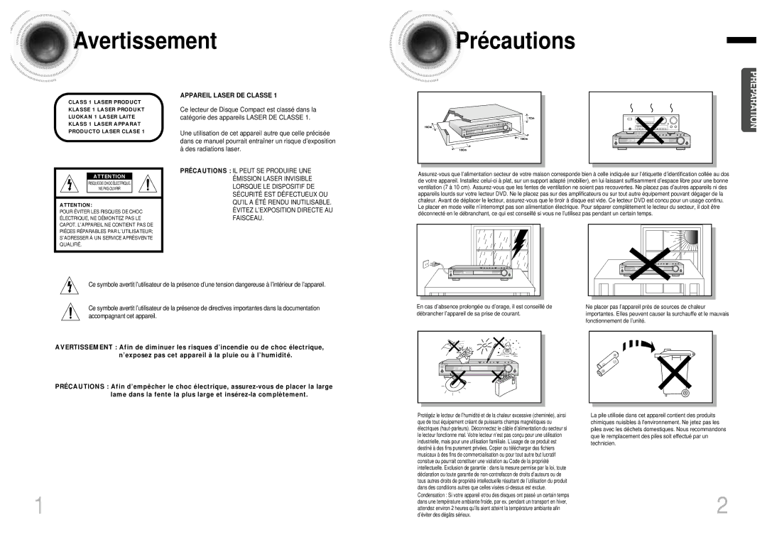 Samsung HTDB750RH/ELS manual Avertissement Précautions, Appareil Laser DE Classe 