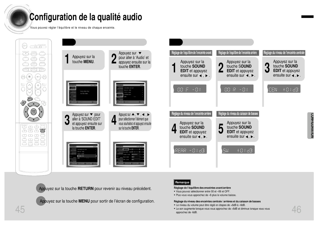 Samsung HTDB750RH/ELS manual Appuyez sur la Touche Sound Edit et appuyez ensuite sur, Pour aller à ‘Audio’ et 