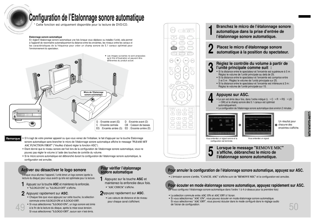 Samsung HTDB750RH/ELS manual Appuyez sur ASC, Pour vé rifier l’é talonnage sonore automatique, Appuyez rapidement sur ASC 