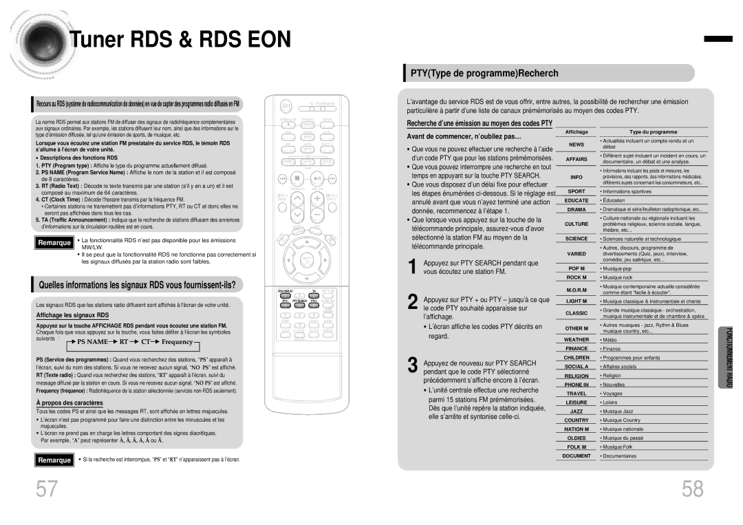 Samsung HTDB750RH/ELS manual Tuner RDS & RDS EON, PTYType de programmeRecherch, Avant de commencer, n’oubliez pas… 