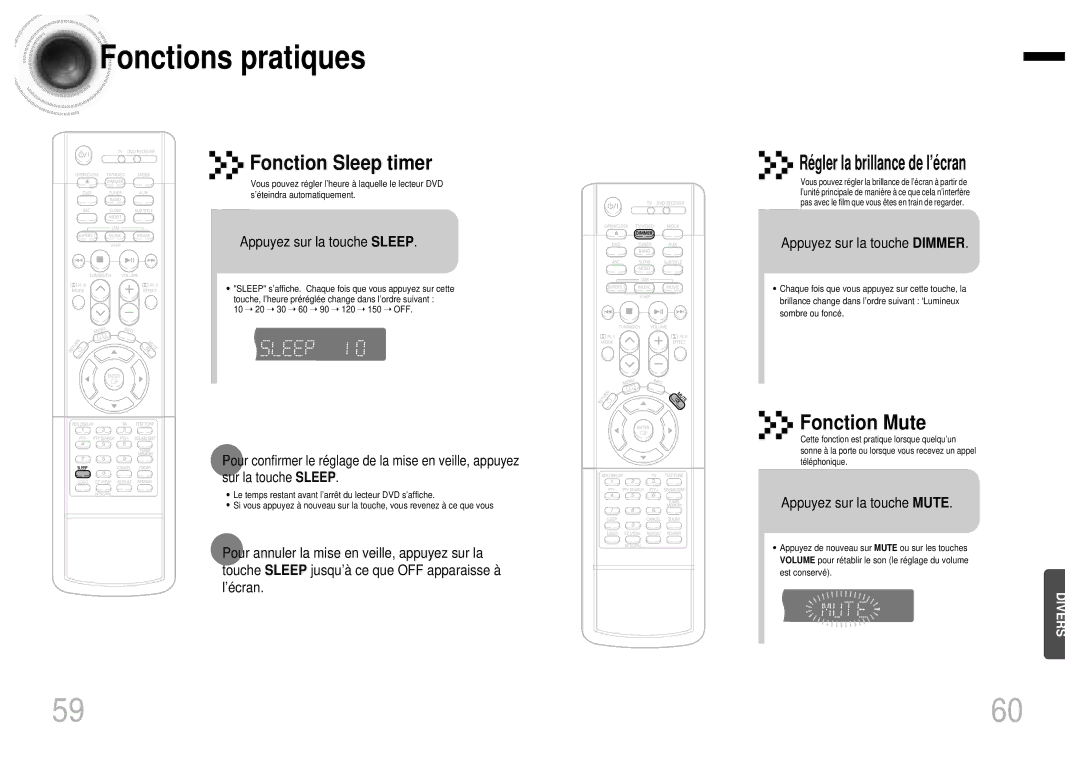 Samsung HTDB750RH/ELS manual Fonctions pratiques, Fonction Sleep timer, Fonction Mute, Ré gler la brillance de l’é cran 