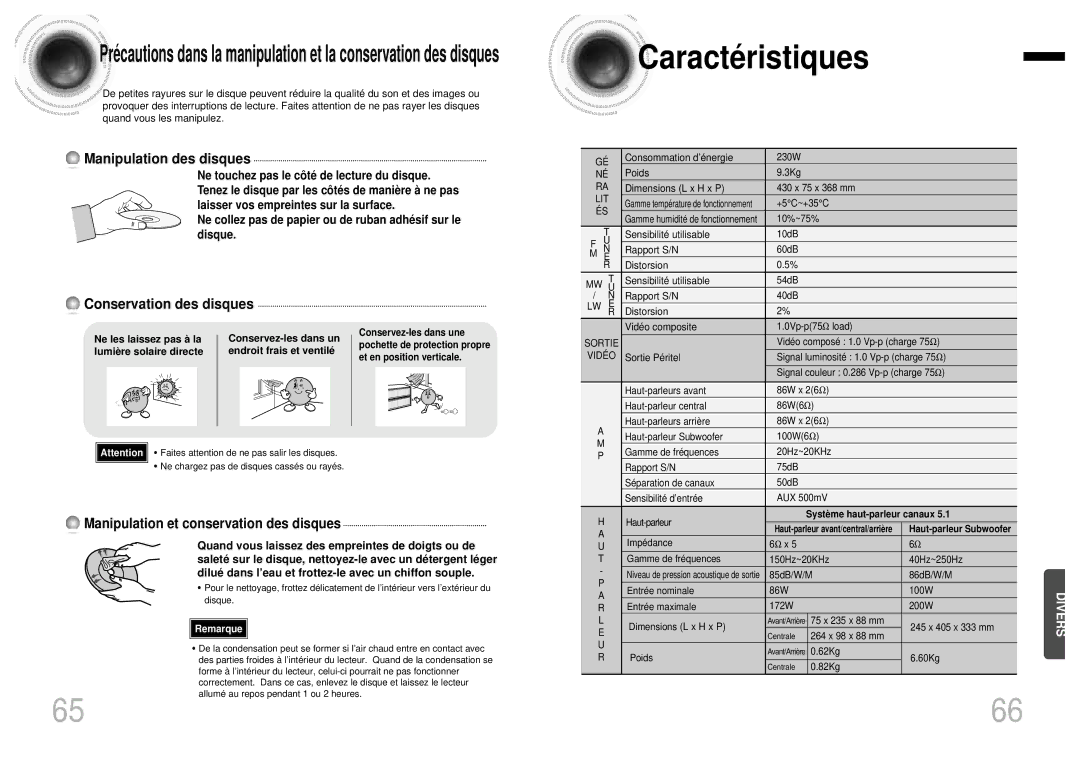 Samsung HTDB750RH/ELS manual Caracté ristiques, Manipulation et conservation des disques 