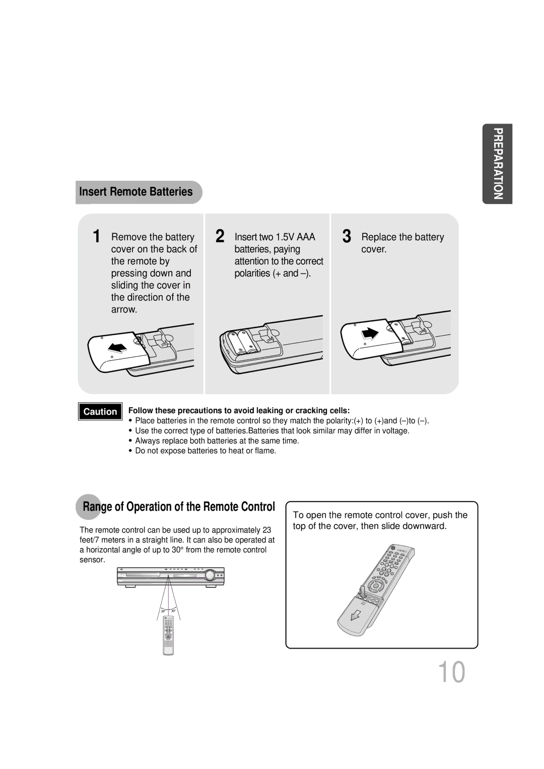 Samsung HT-DB760, HTDB760RH/EDC, HTDB760RH/ELS manual Insert Remote Batteries, Range of Operation of the Remote Control 