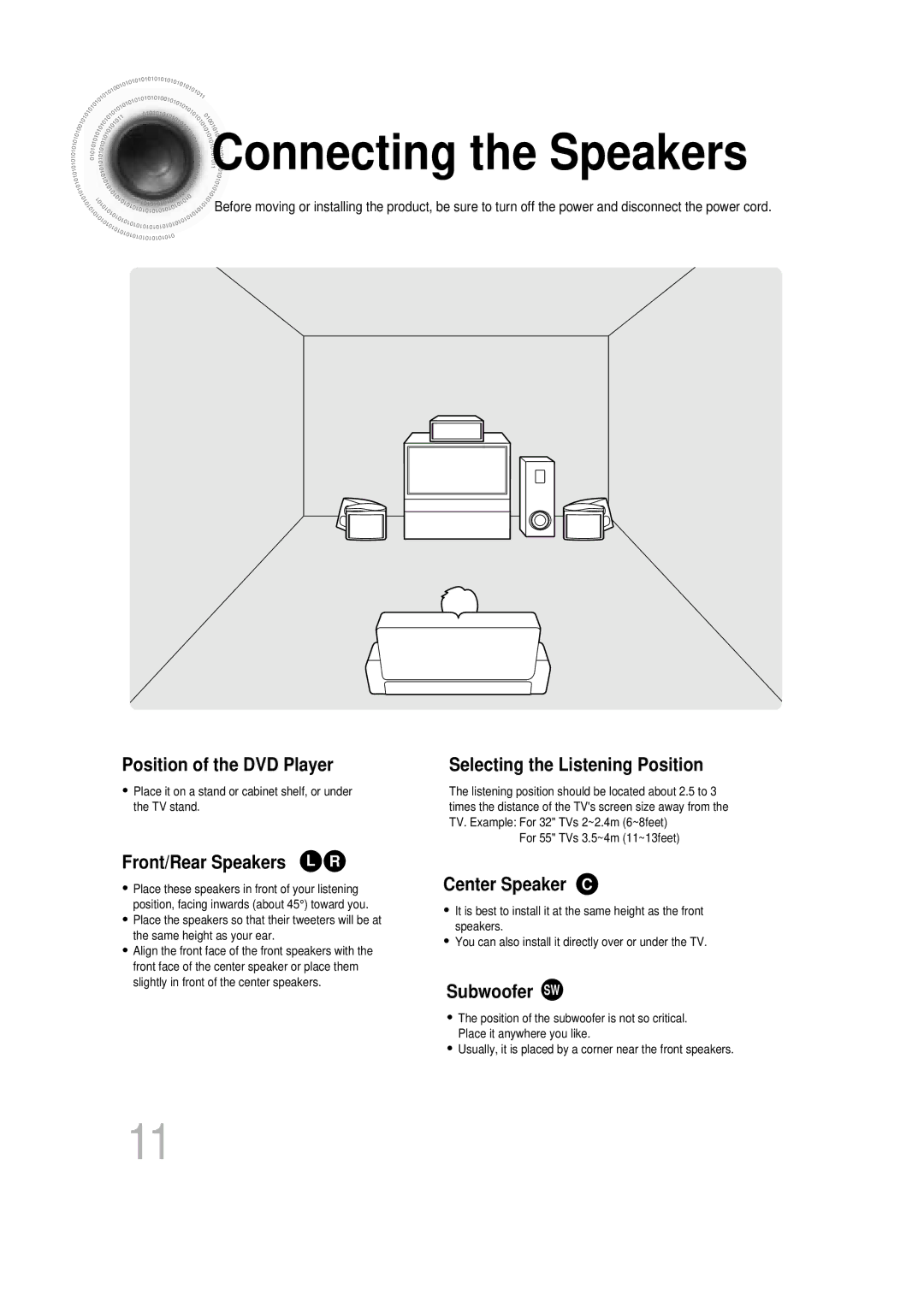 Samsung HTDB760RH/EDC, HTDB760RH/ELS Connecting the Speakers, Position of the DVD Player Selecting the Listening Position 