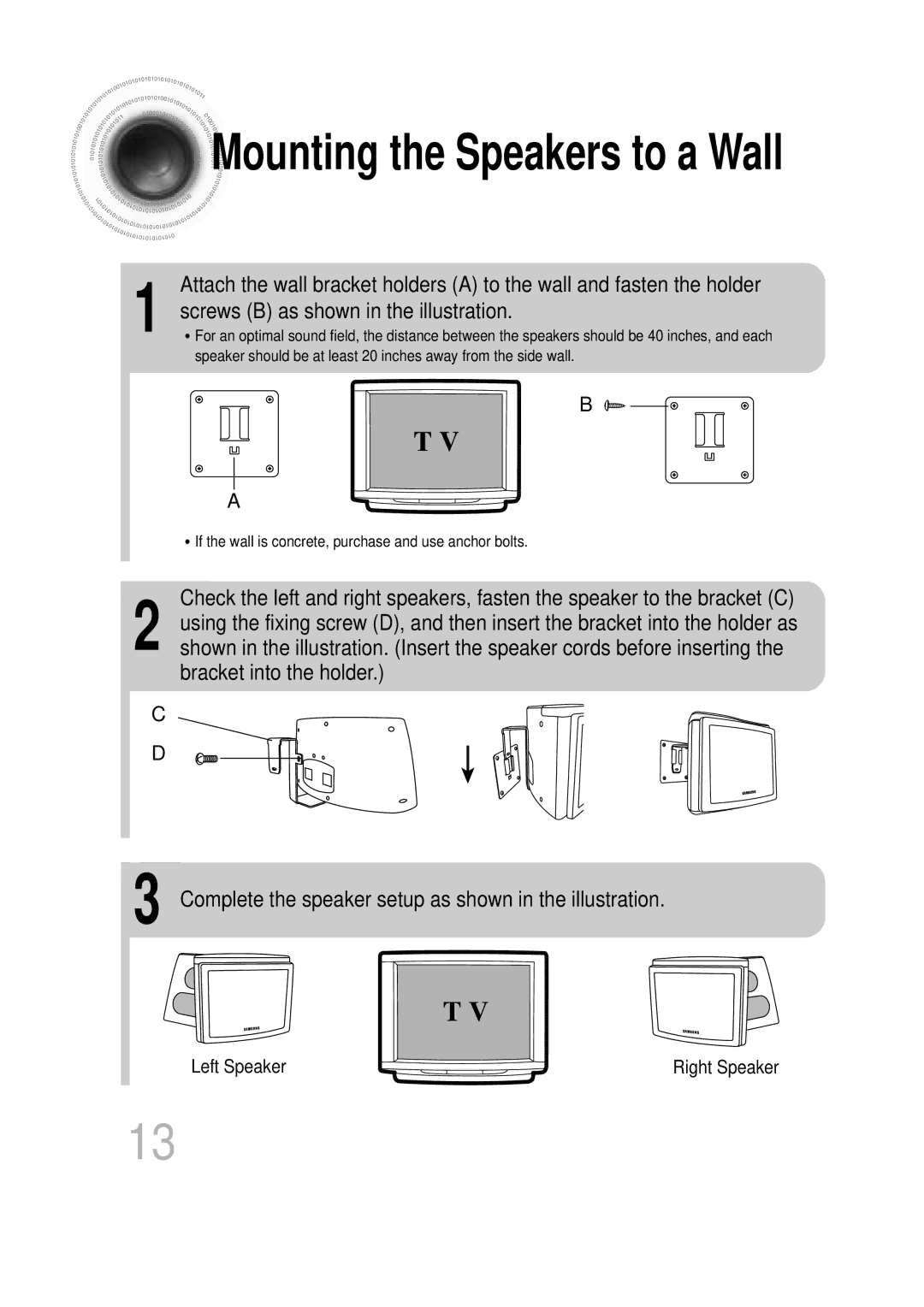 Samsung HT-DB760, HTDB760RH/EDC, HTDB760RH/ELS manual Mounting the Speakers to a Wall, Screws B as shown in the illustration 