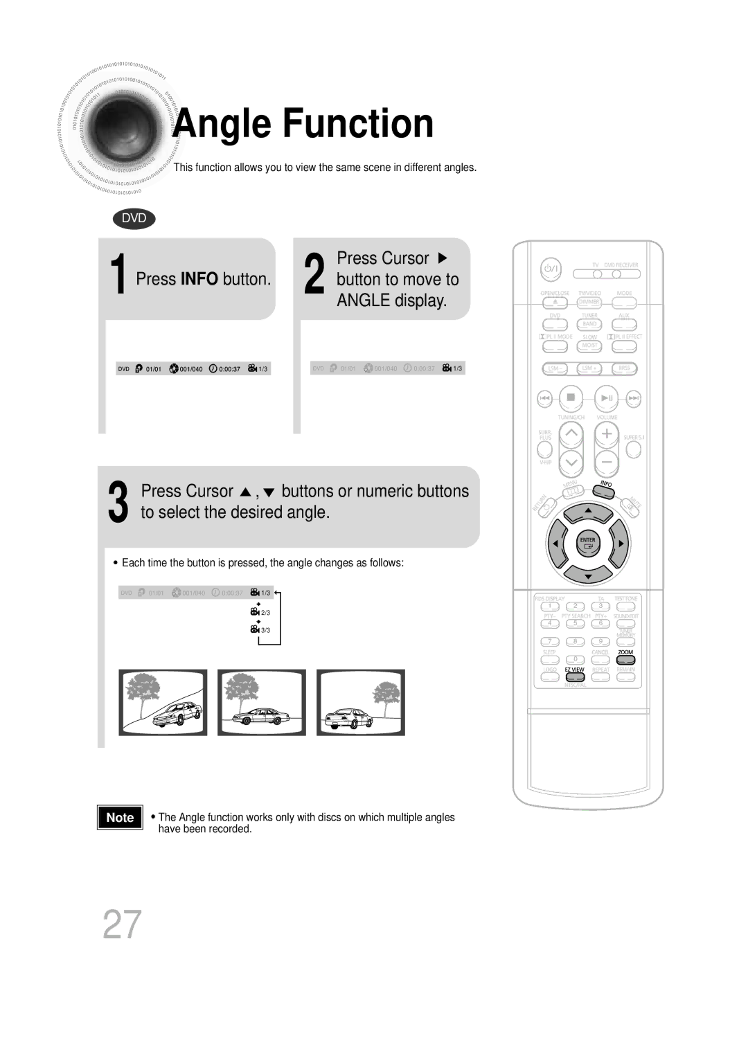 Samsung HTDB760RH/ELS, HTDB760RH/EDC, HT-DB760 manual Angle Function, Press Cursor 