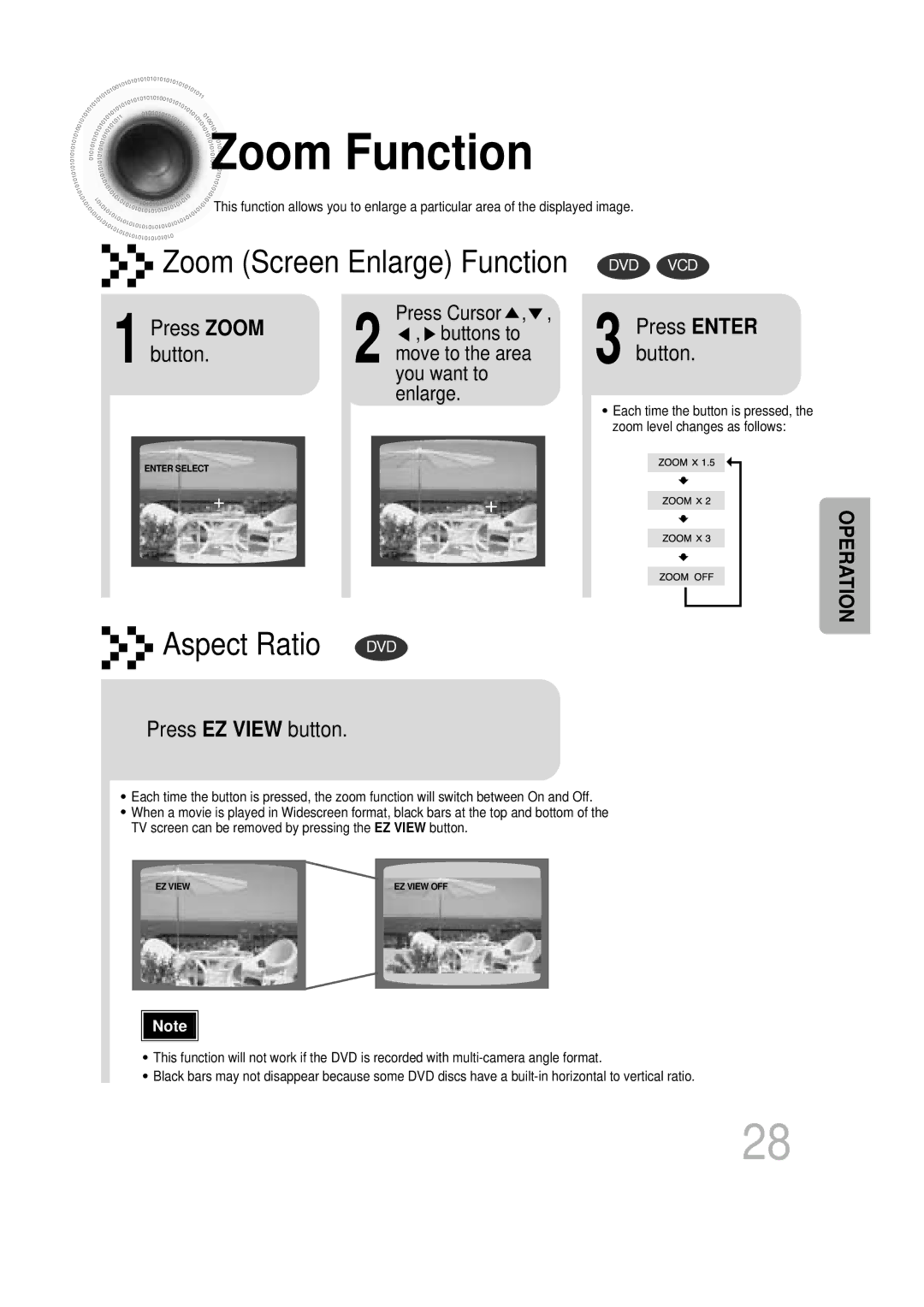 Samsung HT-DB760, HTDB760RH/EDC, HTDB760RH/ELS manual Zoom Function, Press Zoom, Button, Press EZ View button 